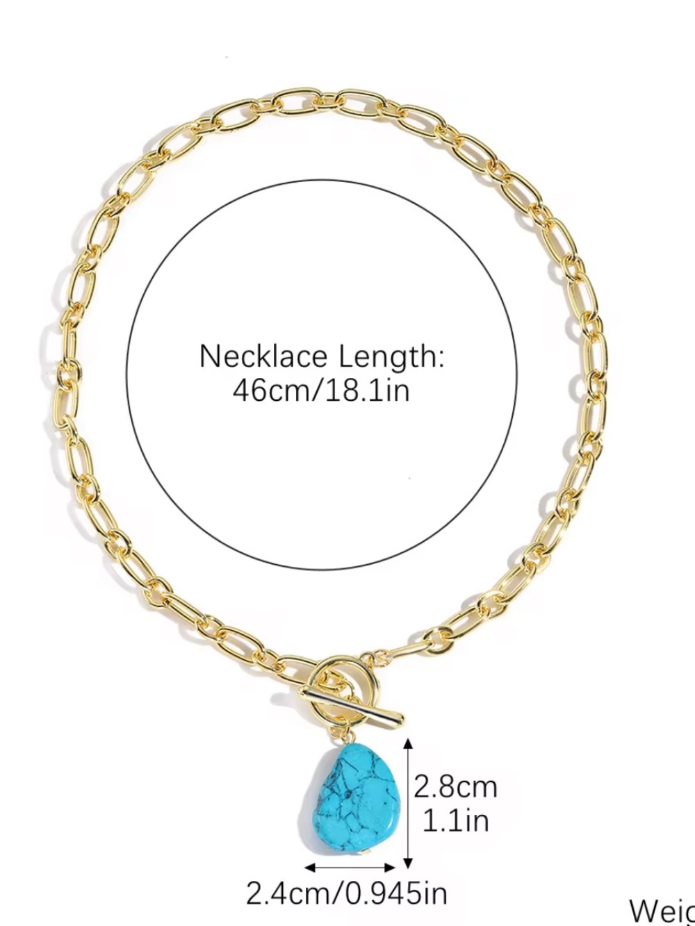 NWT 18K Gold Plated Link Chain Statement Toggle Necklace Turquoise  Pendant Boho - Picture 8 of 8